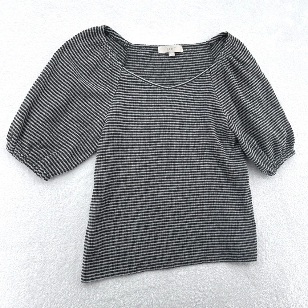 LOFT Womens Puff Sleeve Top Medium Black White Striped Ribbed Knit